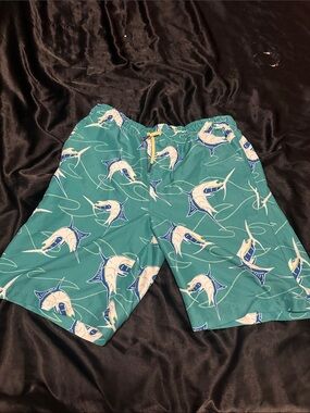 crown & ivy Teal Marlin-Print Swim Shorts